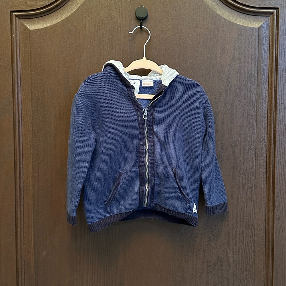3/$25 Zara Boys 18-24M Navy Blue Knit Zip-Up Hoodie Shark Hooded Cardigan Casual